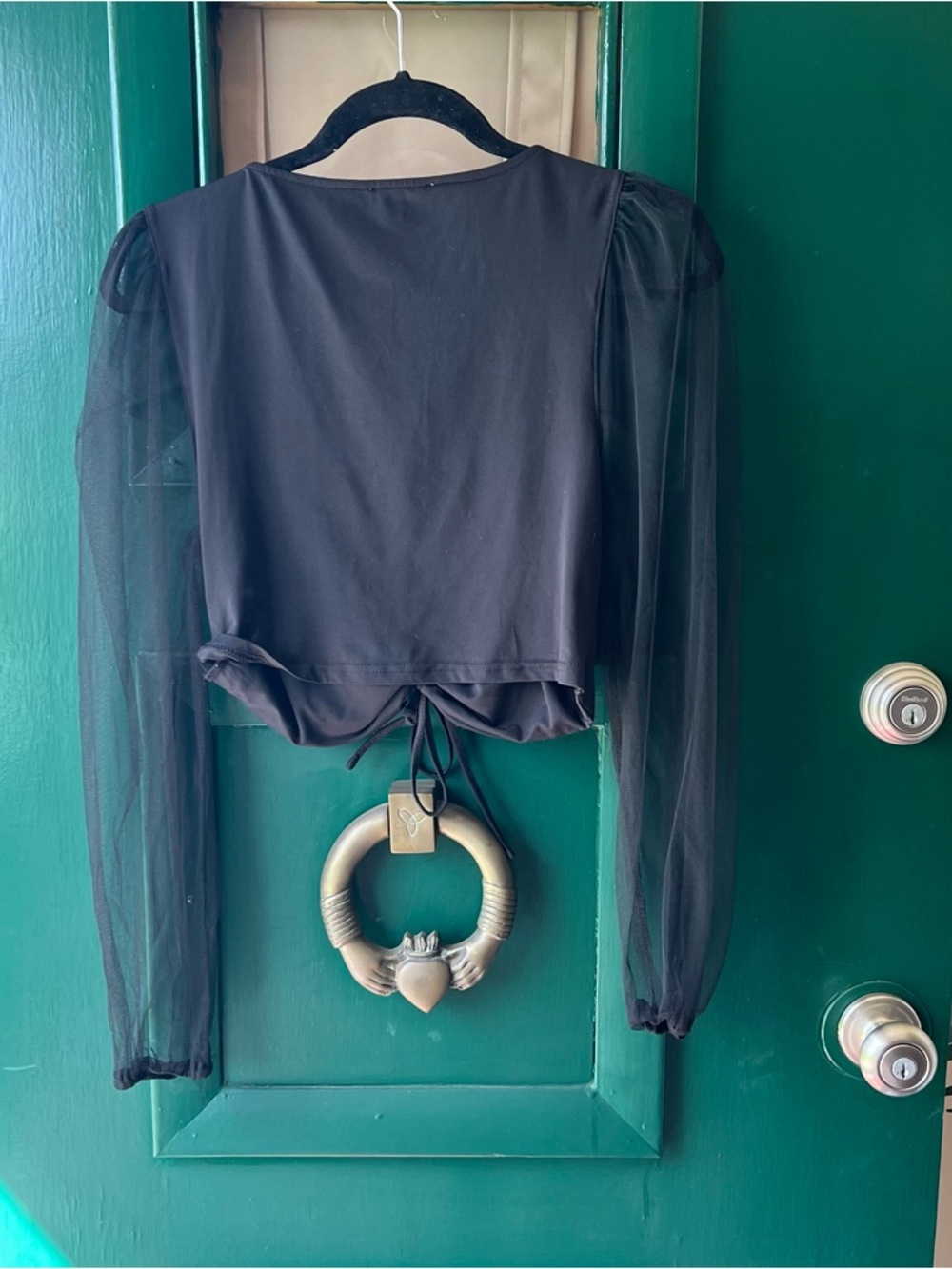 Blashe Tie-Front Ruched Mesh Sleeve Crop Top - Black size large - Picture 5 of 5